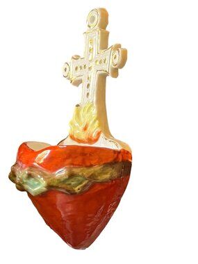 Sacred Heart Wall Pocket With Cross Hand-Painted Porcelain 5.75" Tall Red Green
